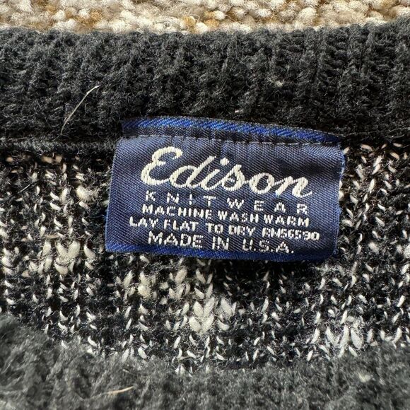 Vintage Edison Knitwear Sweater Mens Large Silver Black Pullover Made In USA VTG - Picture 7 of 13